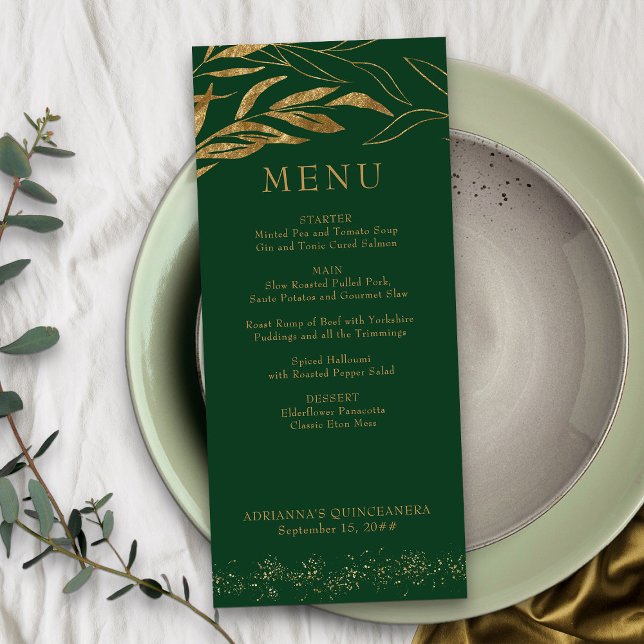 Menú Hoja de oro y verde esmeralda de Confetti (Emerald Green and Gold Menu from my Gold Leaf Quinceanera Collection)