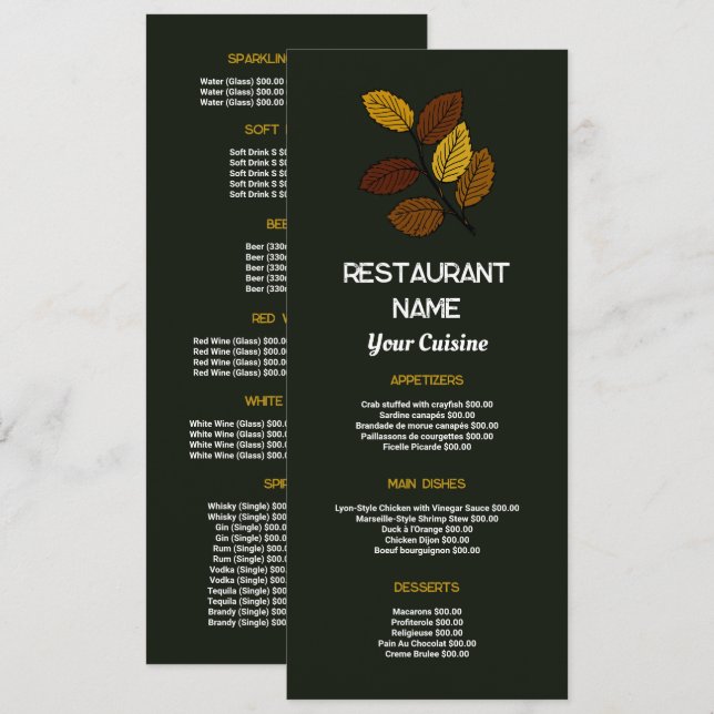 Menú Hoja Rústica, Restaurante Slimline (Anverso / Reverso)