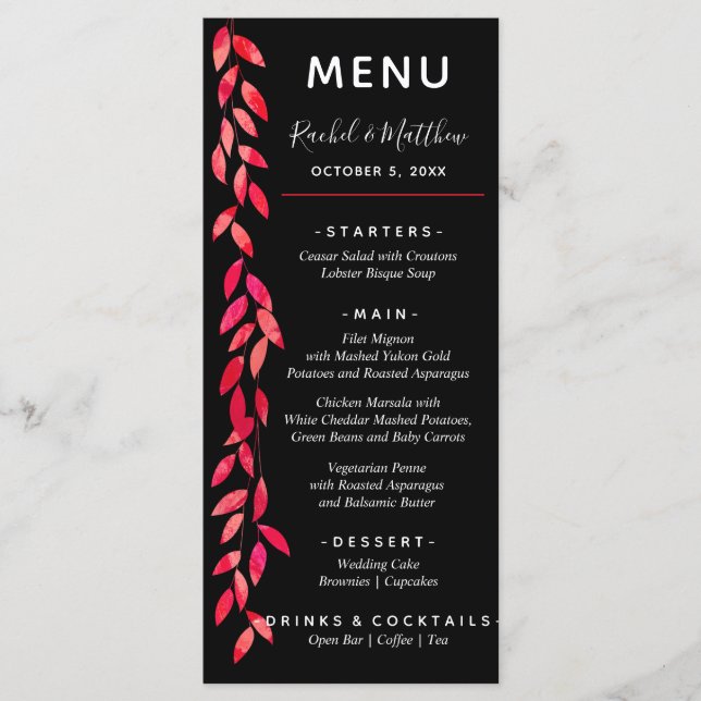 Menú Hojas de color rosa caliente sobre Boda negro (Anverso)