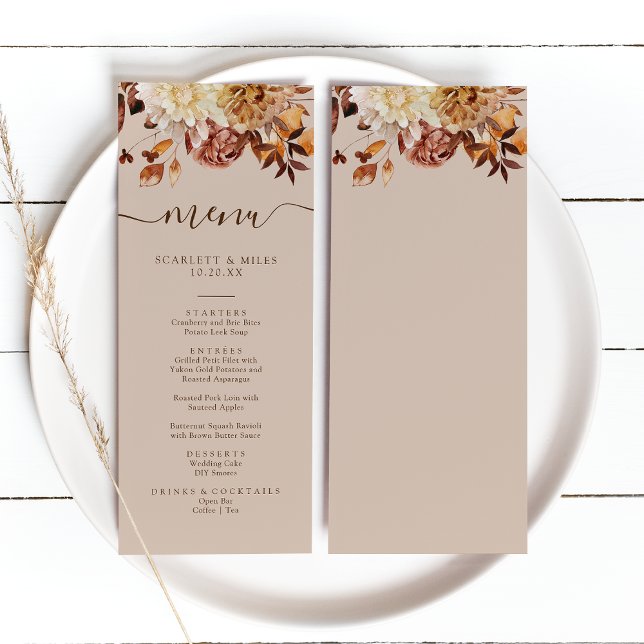 Menú Hojas de Otoño Taupe (Taupe Watercolor Fall Leaves Wedding Menu by Painted Paperie
)