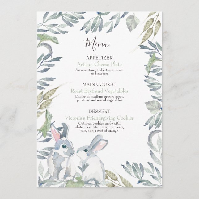 Menú Hojas Pintadas y Conejos de Bosque al Acuarela (Anverso)