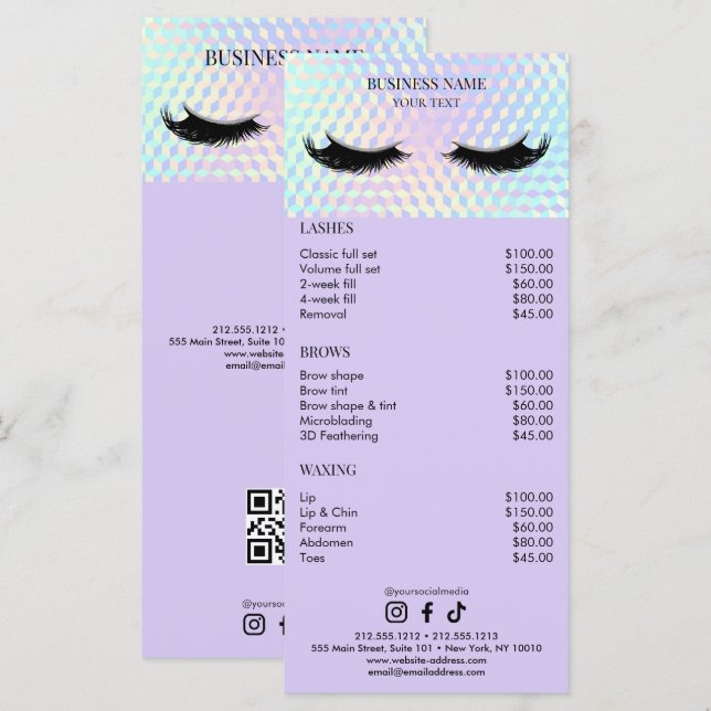 Menú Holographic Lashes Salon Price List (Anverso / Reverso)