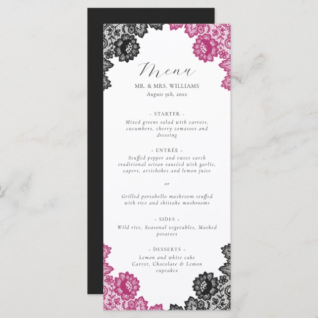Menú Hot Pink and Black Floral Lace Wedding (Anverso / Reverso)