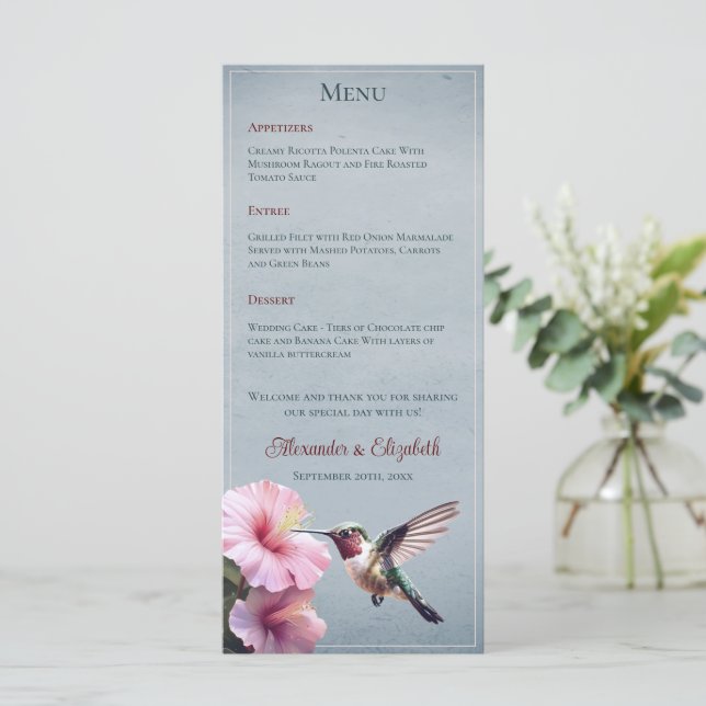Menú Hummingbird e Hibiscus | Boda azul (Anverso de pie)