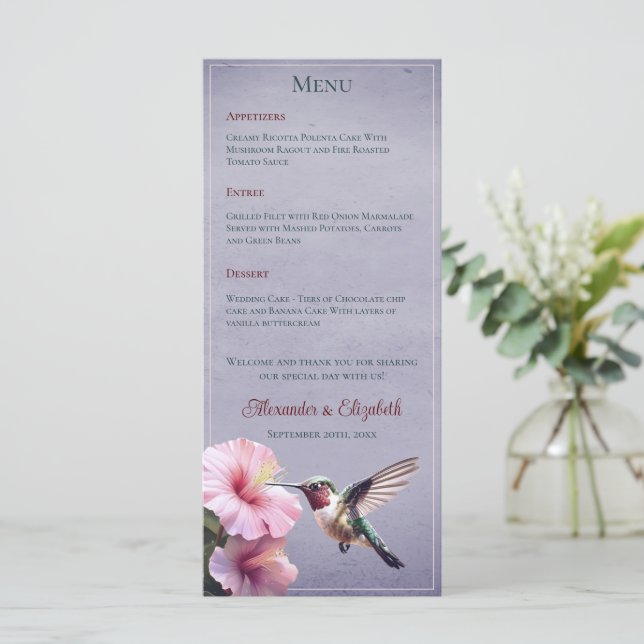 Menú Hummingbird e Hibiscus | Boda púrpura (Anverso de pie)