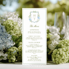 Menú Hydrangea Blue Floral Crest Wedding