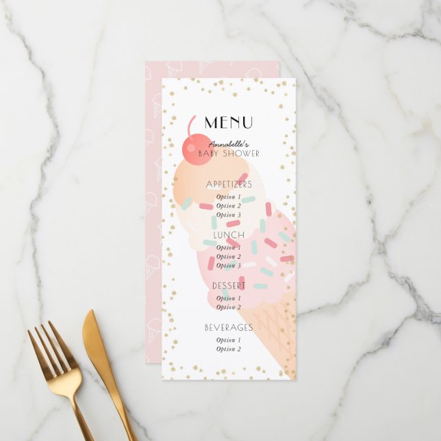 Menú Ice Cream Cherry Pink Girl Baby Shower (Anverso/Reverso In Situ)