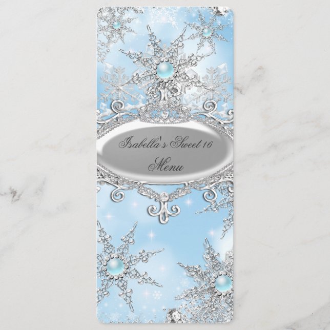 Menú Icy Blue Princess Winter Wonderland Sweet 16 (Anverso)