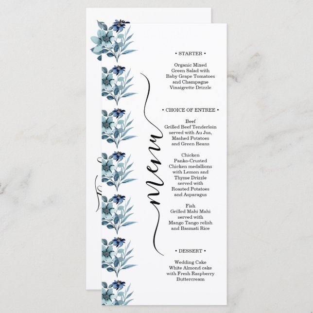 Menú ilustración de acuarela rústica ramo floral azul (Anverso / Reverso)