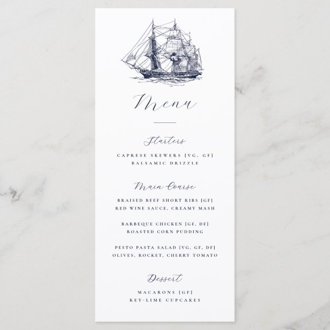 Menú Ilustración de boda de barco náutico elegante (Anverso)