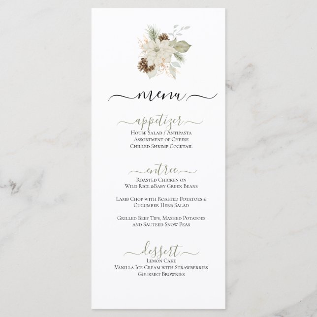 Menú Ilustracion floral con temática blanca invernal Me (Anverso)