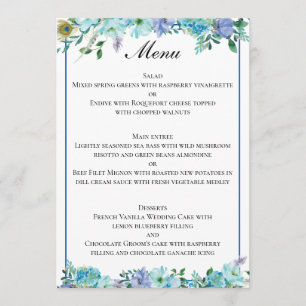 Menú Impresionante Boda floral azul de zafiro