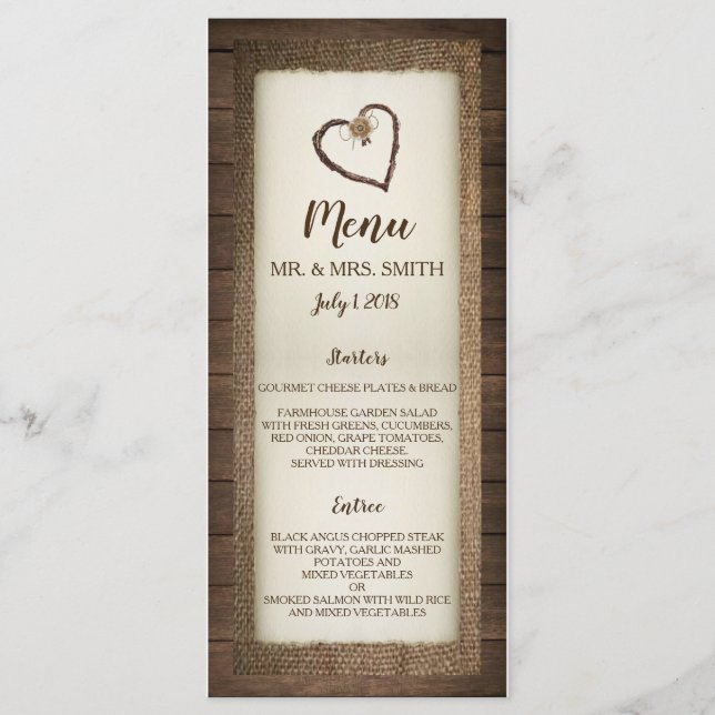 Menú Invitación a la Boda de Madera, Burlap y Twin (Anverso)