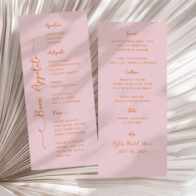 Menú italiano rosa escrito a mano Buon Appetito (pink and orange "Buon Appetito" Italian bridal shower menu)