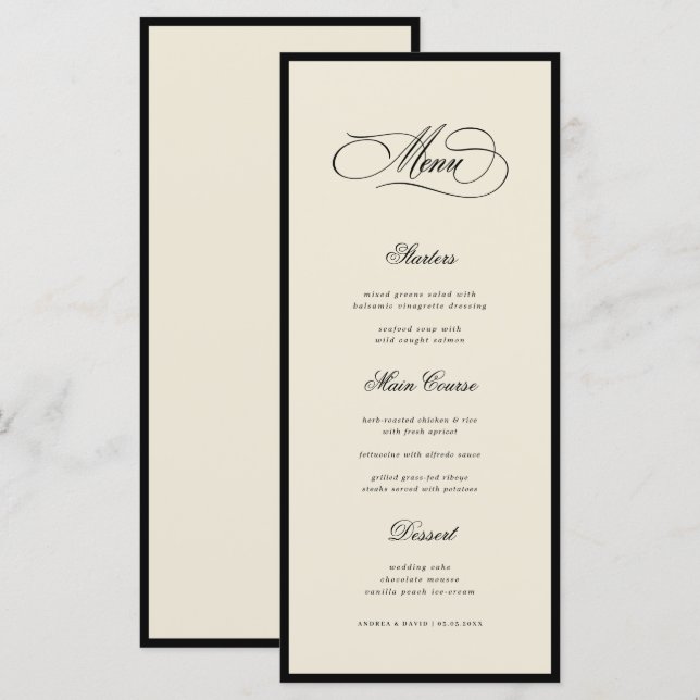 Menú Ivory & Black Old Money Aesthetic Retro Wedding (Anverso / Reverso)
