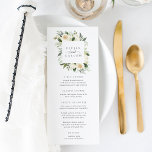Menú Ivory Bloom | Boda de marco floral acuarela<br><div class="desc">Nuestra colección de bodas florales con acuarela marfileña en flor de color marfileña presenta una vegetación acuarela delicadamente pintada, hojas de eucalipto, follaje botánico verde y flores de peonía blanca y marfil. Personalice estos elegantes menús de cena de la recepción de bodas con su selección de comidas, con sus nombres...</div>