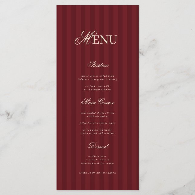 Menú Ivory & Burgundy Elegant Stripes Retro Wedding (Anverso)