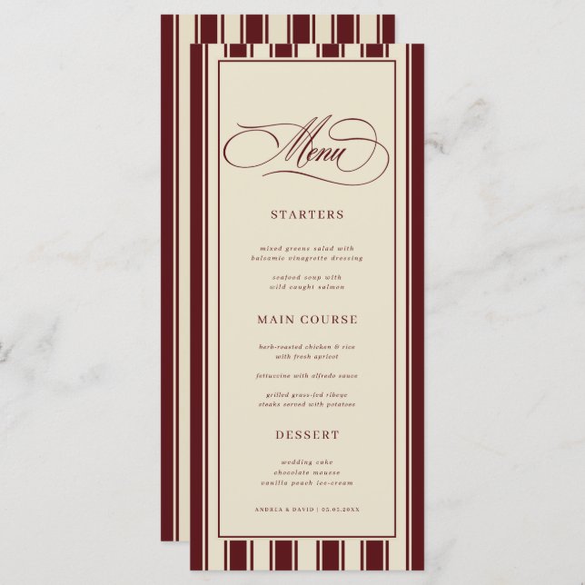 Menú Ivory & Burgundy Stripes Border Retro Wedding (Anverso / Reverso)