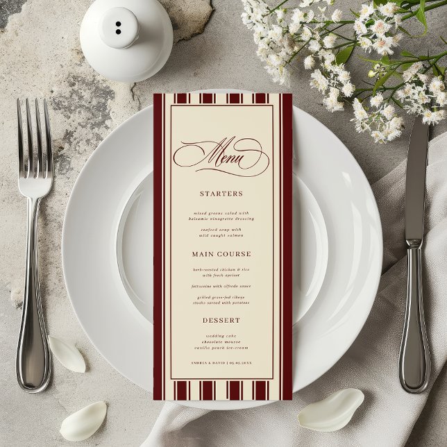 Menú Ivory & Burgundy Stripes Border Retro Wedding (Subido por el creador)