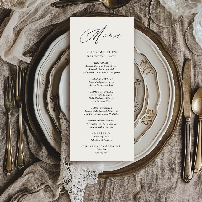 Menú Jane Simple Moderno Elegante Boda Letra Script Neg (This elegant wedding dinner menu features a handwritten calligraphy script font)