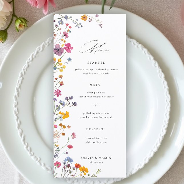 Menú Jardín de flores silvestres boda floral moderna el (wildflower wedding menu watercolor garden backyard barn summer spring elegant trendy stylisyh)
