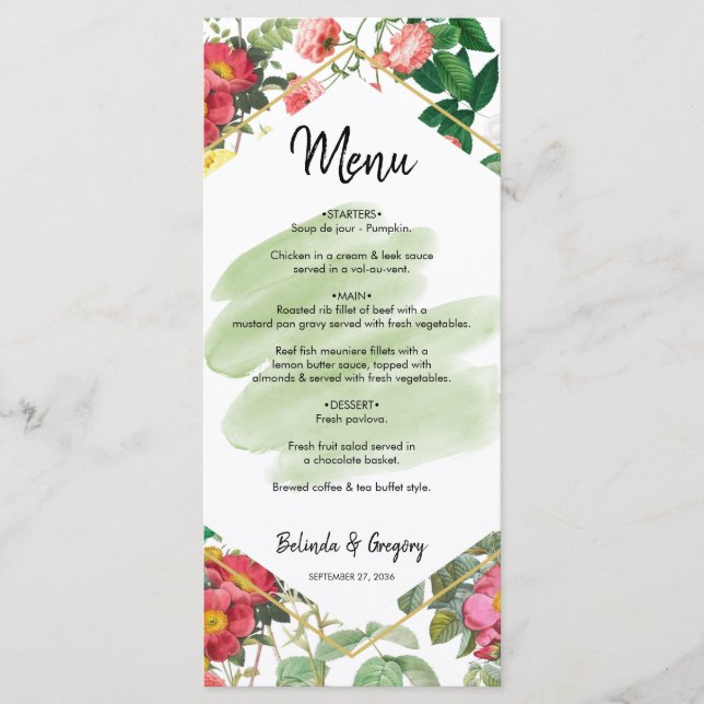 Menú Jardín floral, acuarela y Boda geométrico (Anverso)
