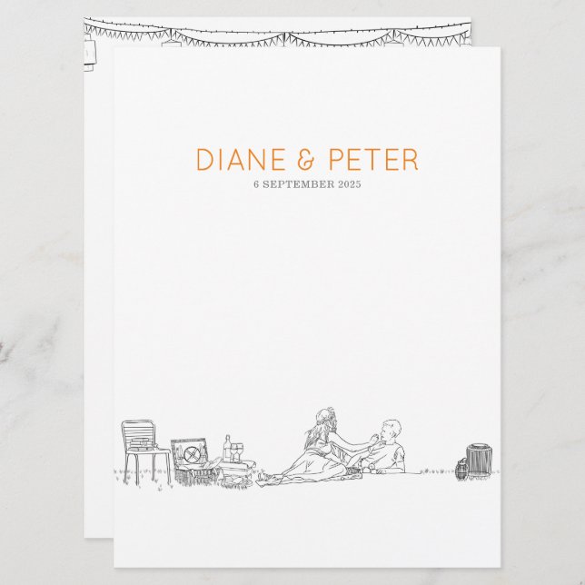 Menú Jardín Picnic Minimalista Negro y Boda Blanco (Anverso / Reverso)