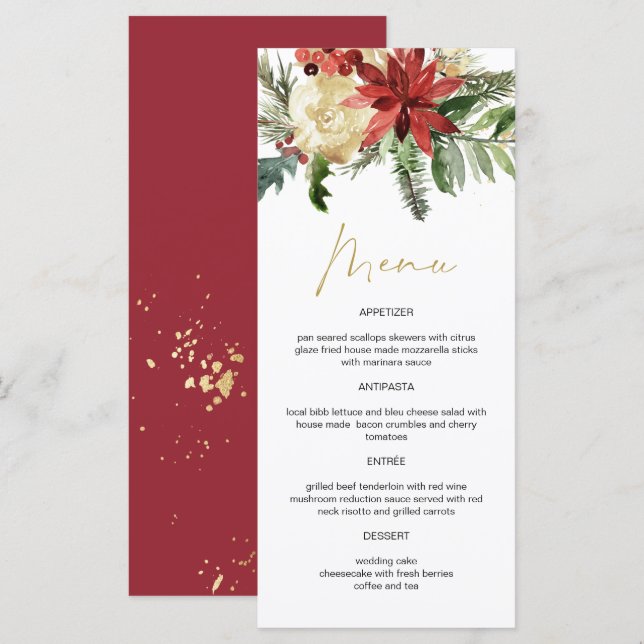 Menú JOY Winter Poinsettia Floral Gold Cards (Anverso / Reverso)