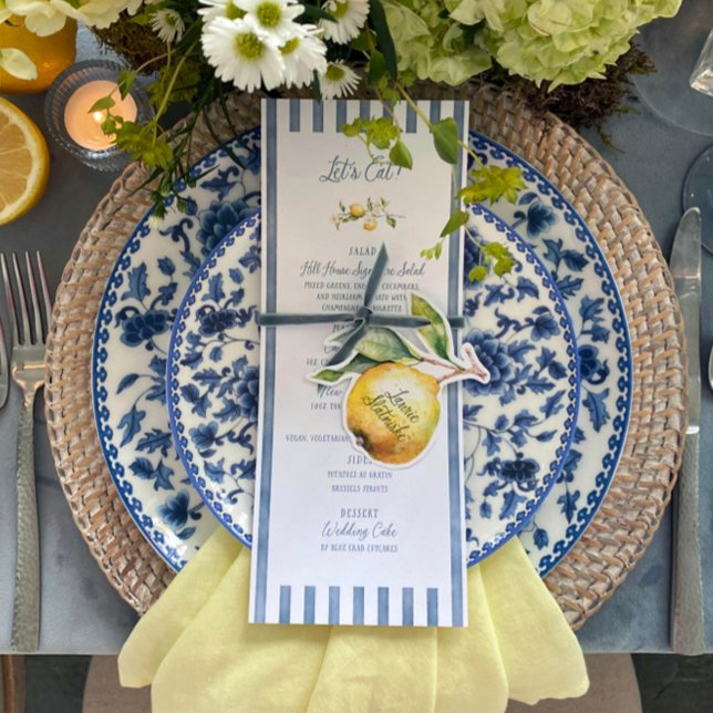 Menú La Dolce Vita Lemon Boda plano (Elevate your wedding table with this lemon-themed menu, featuring watercolor artwork.)
