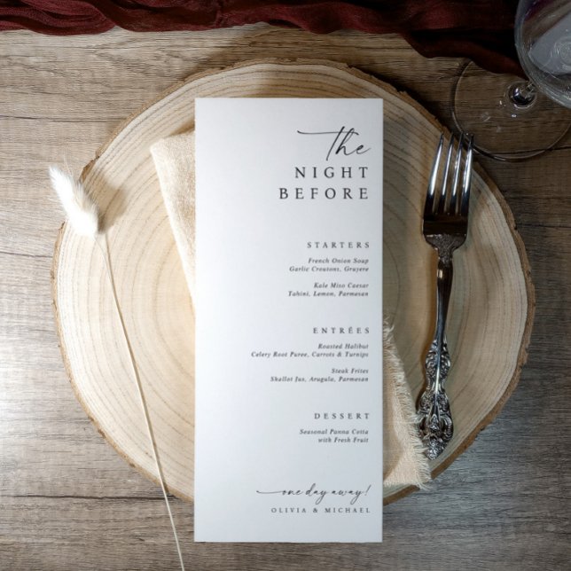 Menú La noche antes de la cena del ensayo Boda (The night before wedding rehearsal dinner menus featuring simple elegant handwriting)
