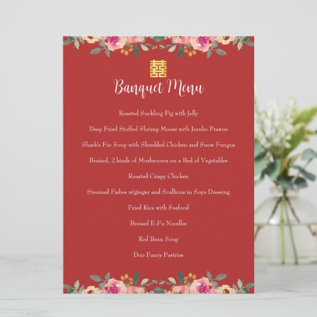 Menú La peonía roja floral boda chino doble felicidad (Anverso de pie)