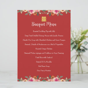 Menú La peonía roja floral boda chino doble felicidad