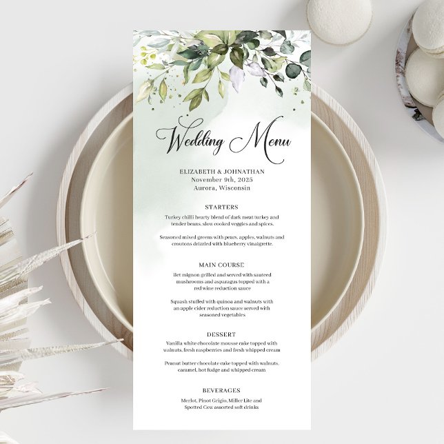 Menú La vegetación boho foliage eucalipto cena boda (Greenery boho foliage eucalyptus wedding dinner menu)