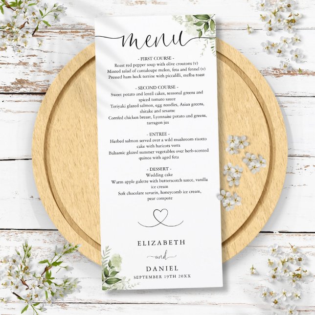 Menú La vegetación Floral Corazón guión Boda Cena (Greenery Floral Heart Script Wedding Dinner Menu)