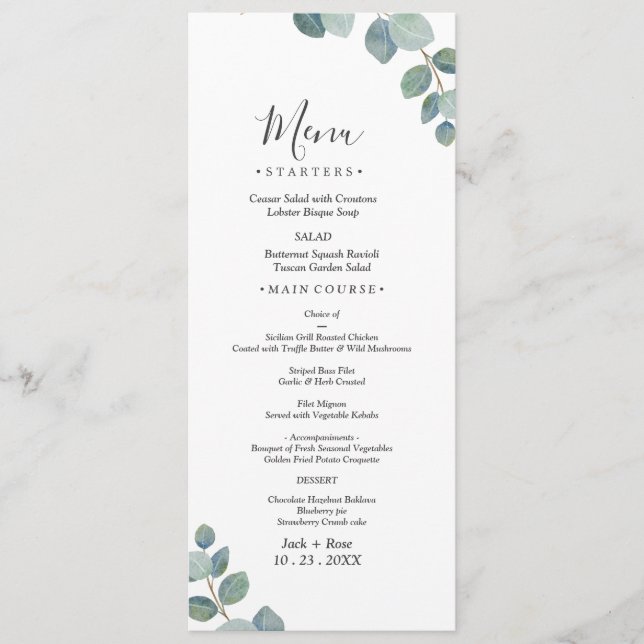 Menú La vegetación rústica Eucalyptus Boda de verano. (Anverso)