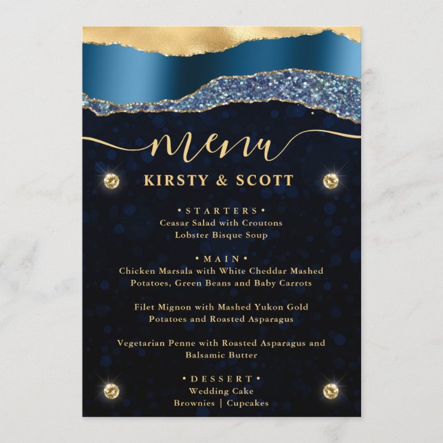 Menú Lágrimas Glam de Azul y Oro Boda Bokeh (Anverso)