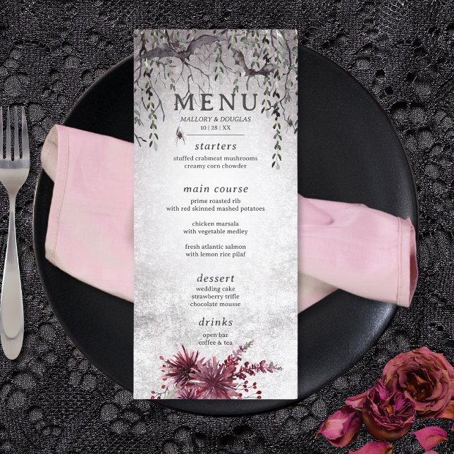 Menú Largo Halloween Rústico Gótico Negro y Borgoña (Rustic Gothic Black & Burgundy Halloween Wedding Long Menu)