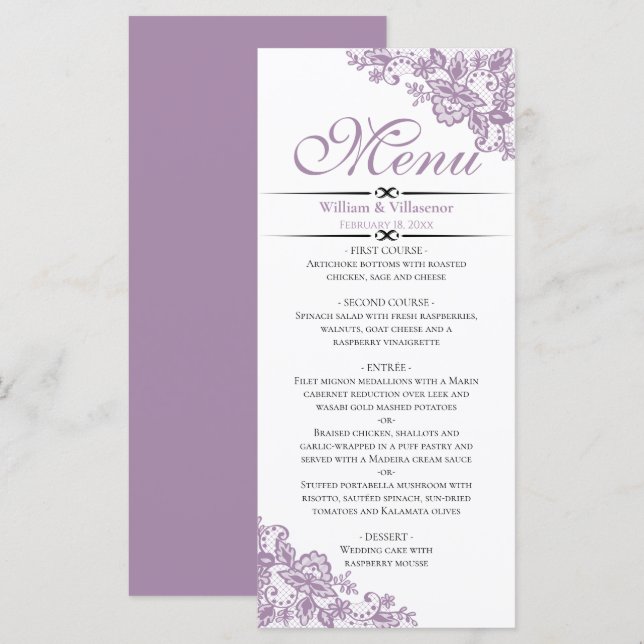 Menú Lavanda elegante en la boda blanca (Anverso / Reverso)