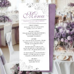 Menú Lavanda elegante y bañador plateado en Boda blanco<br><div class="desc">Este bonito menú le dará un toque de elegancia a la recepción de bodas. Cuenta con un bonito diseño con unos adornados rizos de Relieve metalizado gris plateado y remolinos sobre un fondo blanco clásico, con un texto de color espliego o violeta claro y una espalda de mármol. Hay espacio...</div>