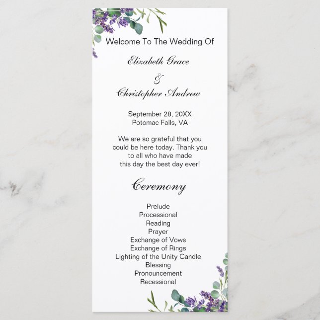 Menú Lavender Eucalyptus Boda Botánico Floral (Anverso)