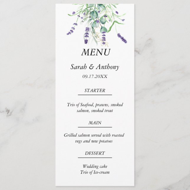 Menú Lavender Eucalyptus Boda Purple Floral (Anverso)