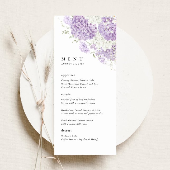 Menú Lavender Lilac White Floral Wedding Reception (Lavender lilac white hydrangea wedding menu, romantic watercolor floral reception table dinner menu)