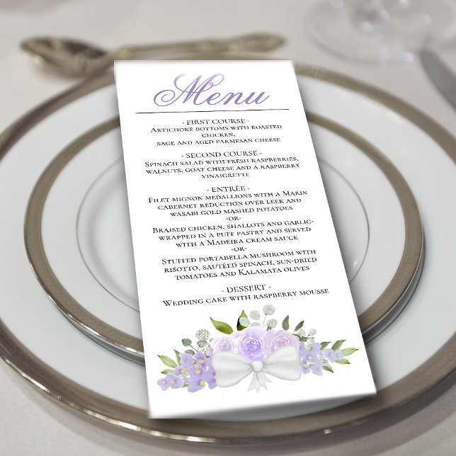 Menú Lavender Morado Acuarela Floral Elegante Boda (In Situ on Plate)