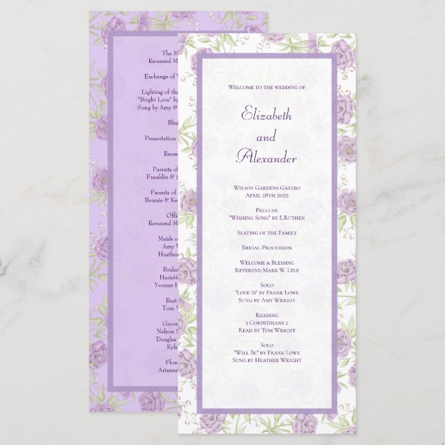 Menú Lavender Purple Rose Wedding Programs (Anverso / Reverso)