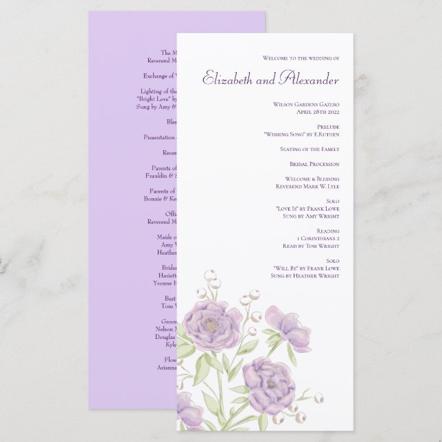 Menú Lavender Purple Rose Wedding Programs (Anverso / Reverso)