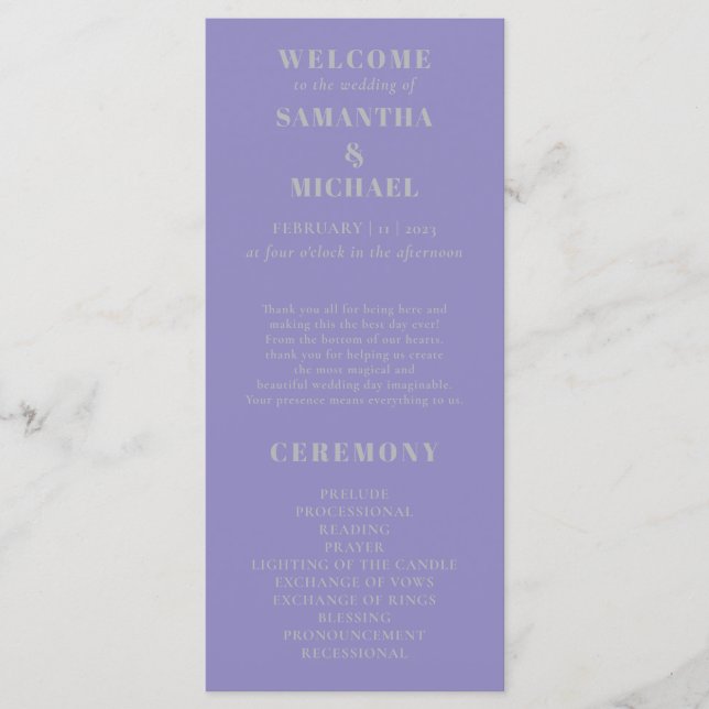 Menú Lavender Silver minimal modern program wedding (Anverso)
