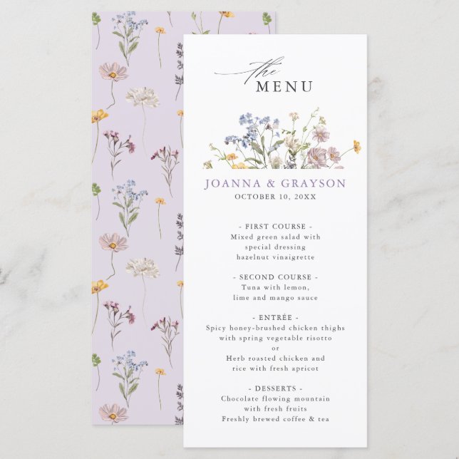 Menú Lavender Spring Wildflower Meadow Garden Wedding  (Anverso / Reverso)