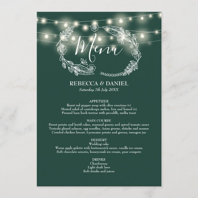 Menú Lealtad de cuerdas Boda floral verde esmeralda (Anverso)