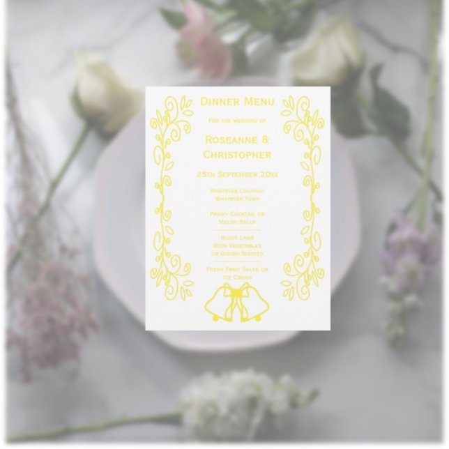 Menú Lemon Bells Scrollwork Design Boda (Yellow wedding menu bells and scrollwork design)