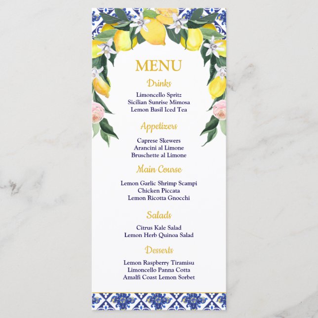 Menú Lemon Blue Italiana Tiles Bridal Shower Boda (Anverso)